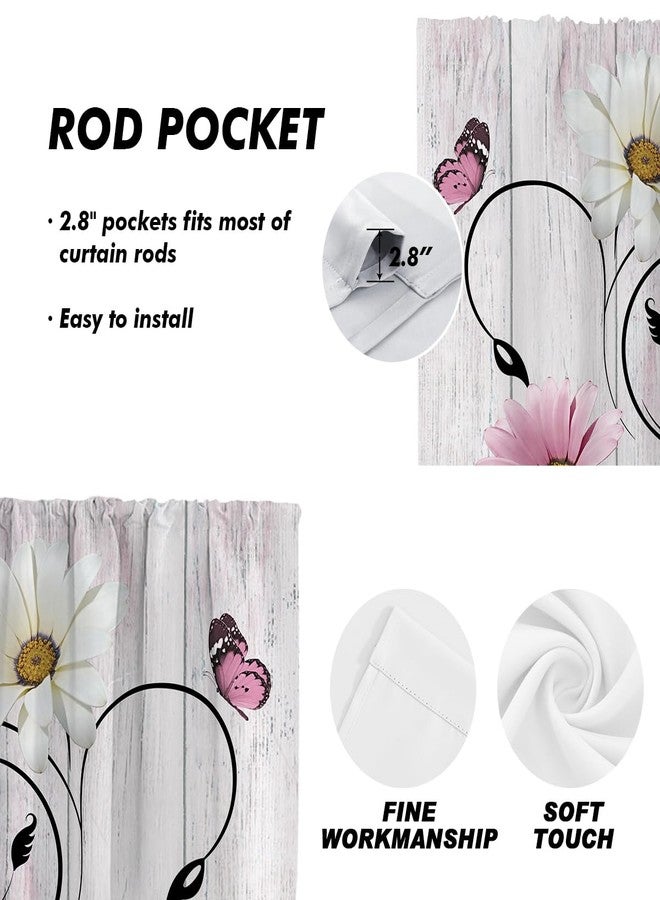 AAtter Pink Floral Kitchen Curtains Valance and Tiers Set 3 Piece Rustic Flower White Daisy Butterfly Rod Pocket Small Short Living Room Bedroom Bathroom Window Drapes 52x18 inch + 26x36 inch*2 - Image 3